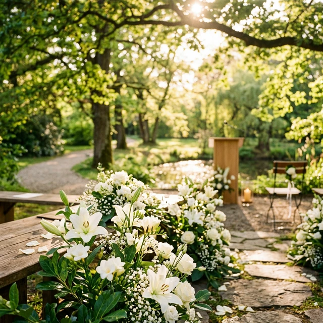 Dignified outdoor setting for a celebration of life with white flowers
